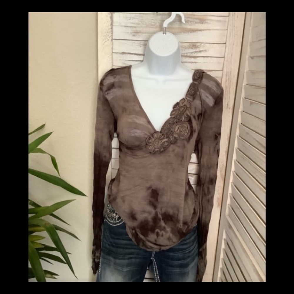 Brown Long Sleeve Top with Floral Detail